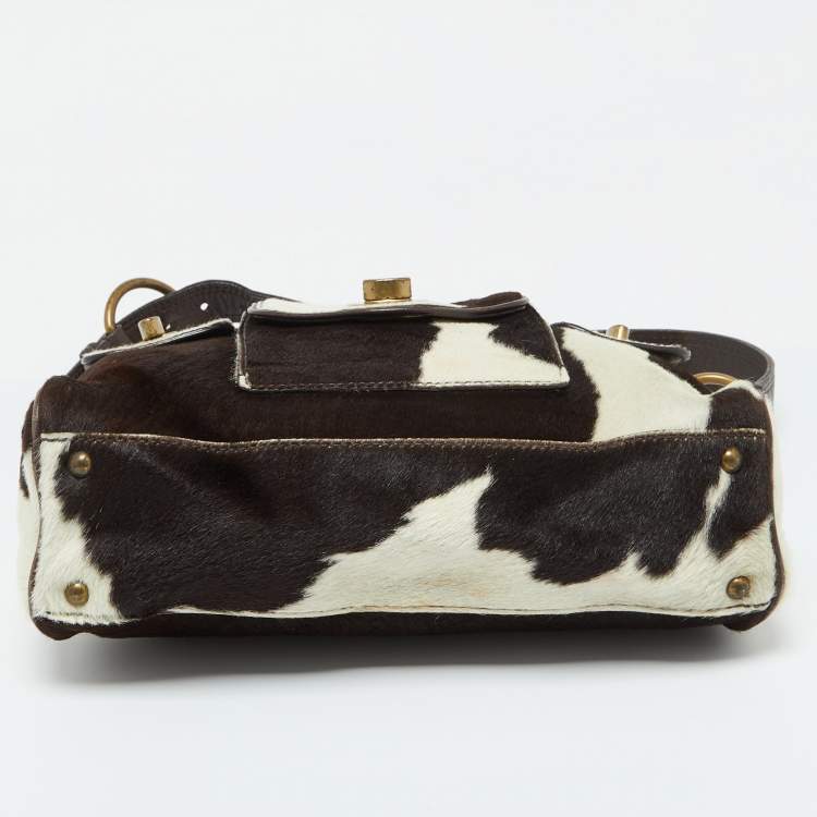 Pre Owned Miu Miu Brown/White Cow Print Calfhair and Leather Hobo