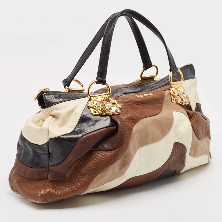 Pre Owned Miu Miu Multicolor Leather Patchwork Crystals Hobo