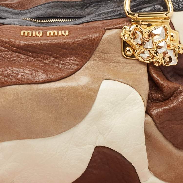 Pre Owned Miu Miu Multicolor Leather Patchwork Crystals Hobo