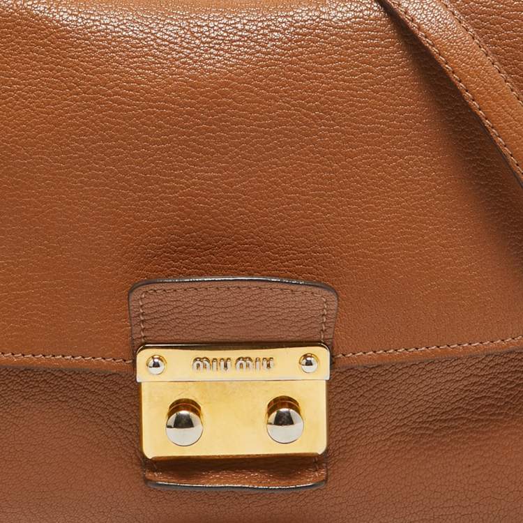Pre Owned Miu Miu Brown Madras Leather Pushlock Flap Top Handle Bag