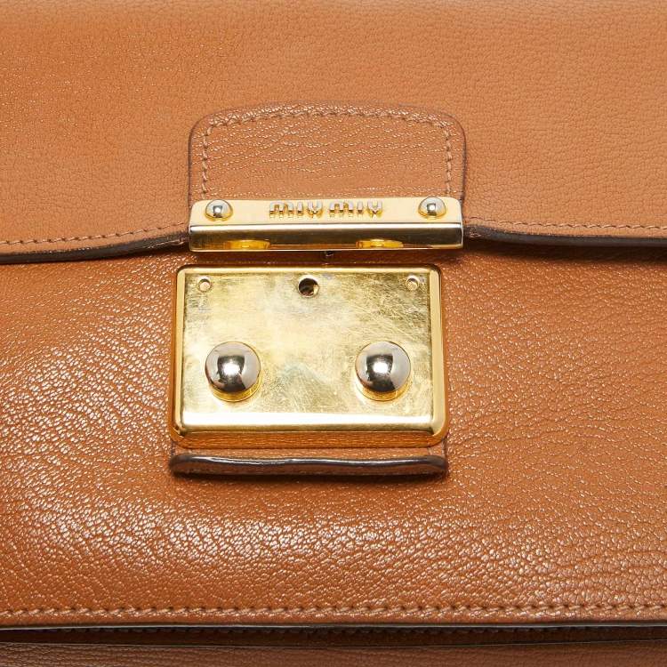 Pre Owned Miu Miu Brown Madras Leather Pushlock Flap Top Handle Bag