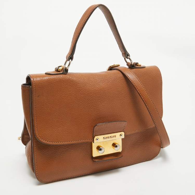 Pre Owned Miu Miu Brown Madras Leather Pushlock Flap Top Handle Bag