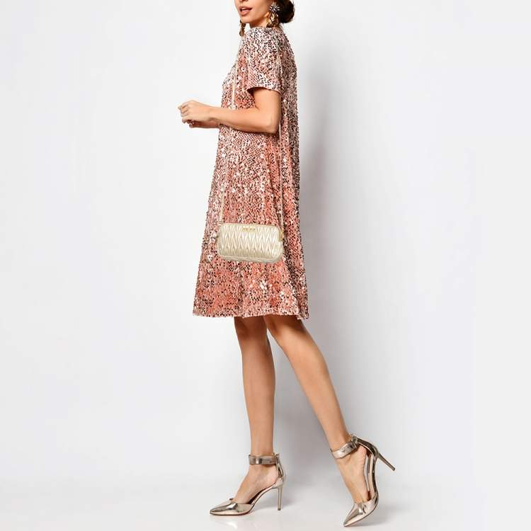 Pre Owned Miu Miu Gold Matelassé Leather Double Zip Crossbody Bag