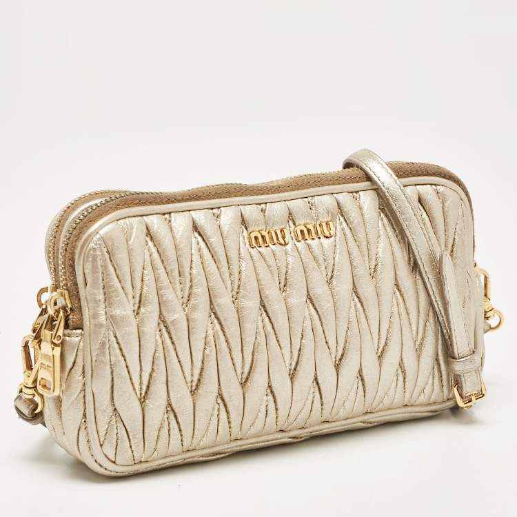 Pre Owned Miu Miu Gold Matelassé Leather Double Zip Crossbody Bag