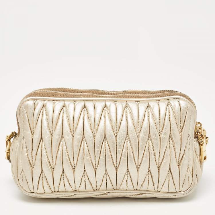 Pre Owned Miu Miu Gold Matelassé Leather Double Zip Crossbody Bag