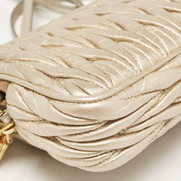 Pre Owned Miu Miu Gold Matelassé Leather Double Zip Crossbody Bag