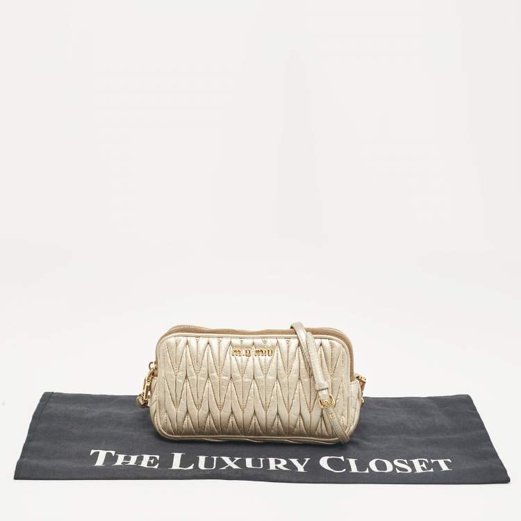 Pre Owned Miu Miu Gold Matelassé Leather Double Zip Crossbody Bag
