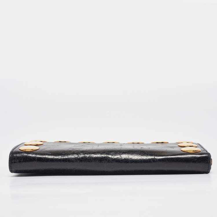 Pre Owned Miu Miu Black Crackled Glossy Leather Studded Continental Wallet
