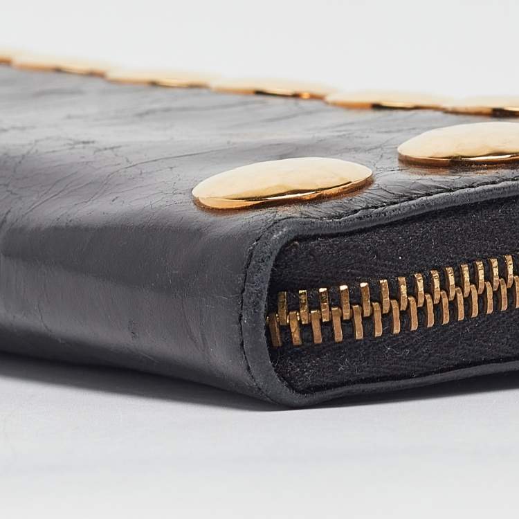 Pre Owned Miu Miu Black Crackled Glossy Leather Studded Continental Wallet