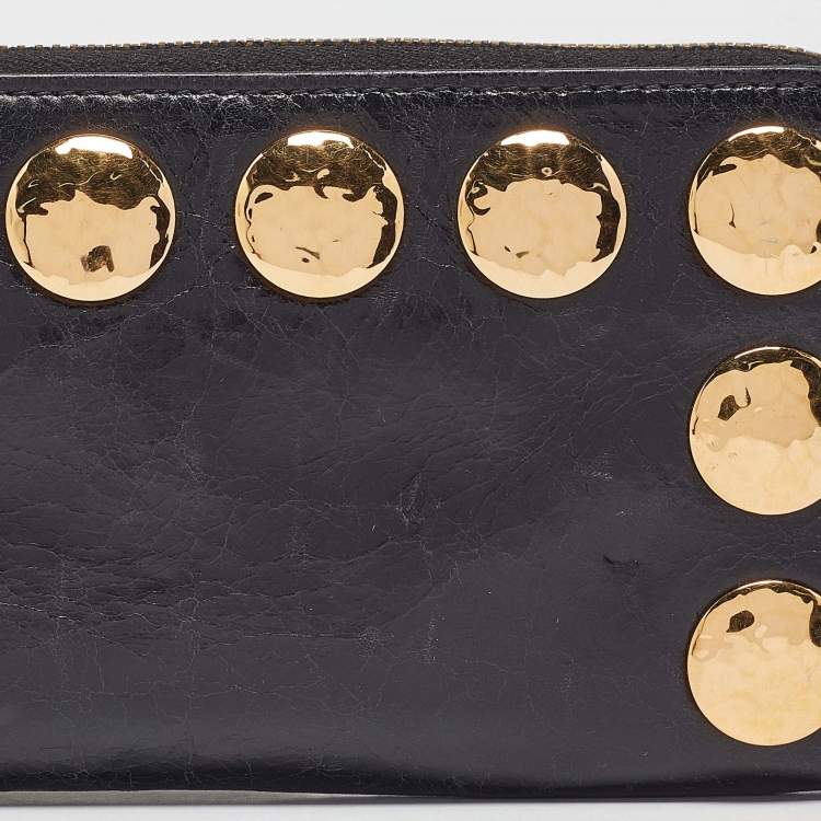 Pre Owned Miu Miu Black Crackled Glossy Leather Studded Continental Wallet