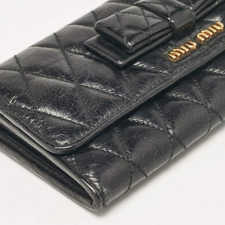 Pre Owned Miu Miu Black Glossy Leather Bow Flap Continental Wallet