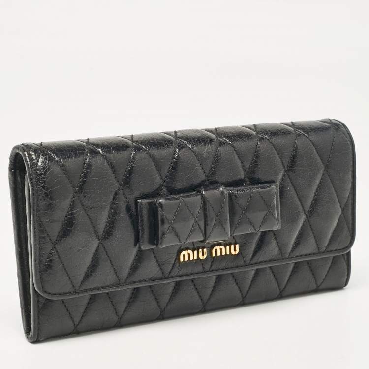 Pre Owned Miu Miu Black Glossy Leather Bow Flap Continental Wallet