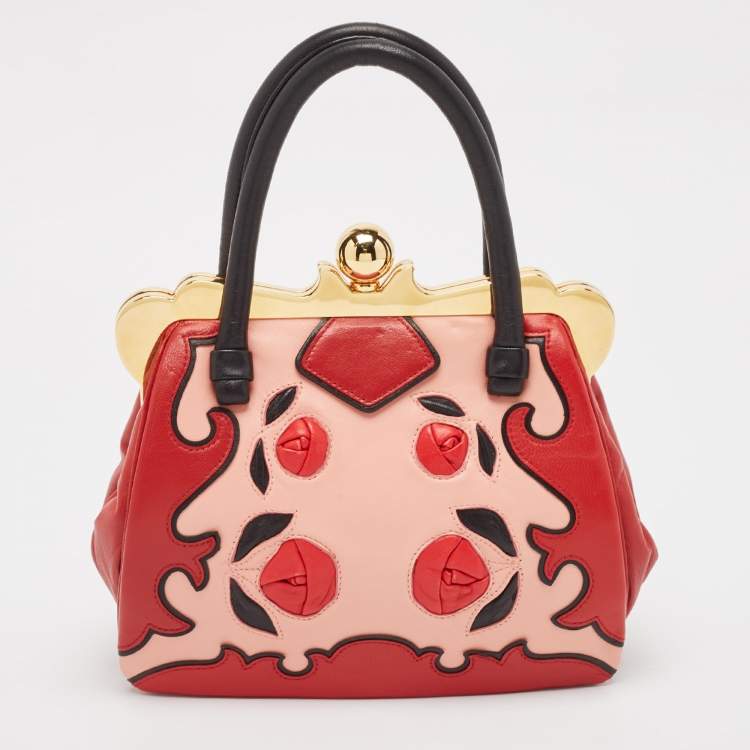 Pre Owned Miu Miu Multicolor Leather Floral Patchwork Frame Satchel