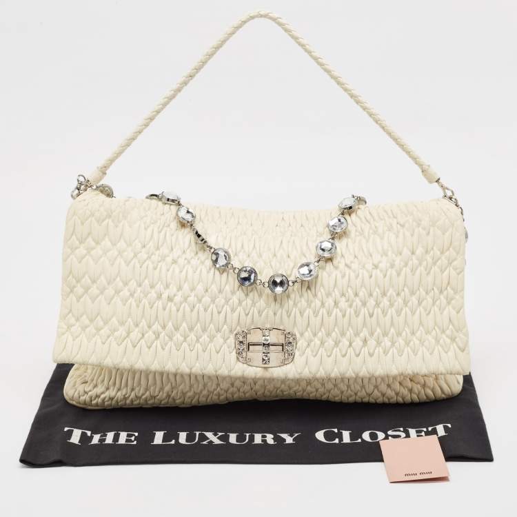 Pre Owned Miu Miu White Matelassé Leather Crystal Cloqué Flap Shoulder Bag