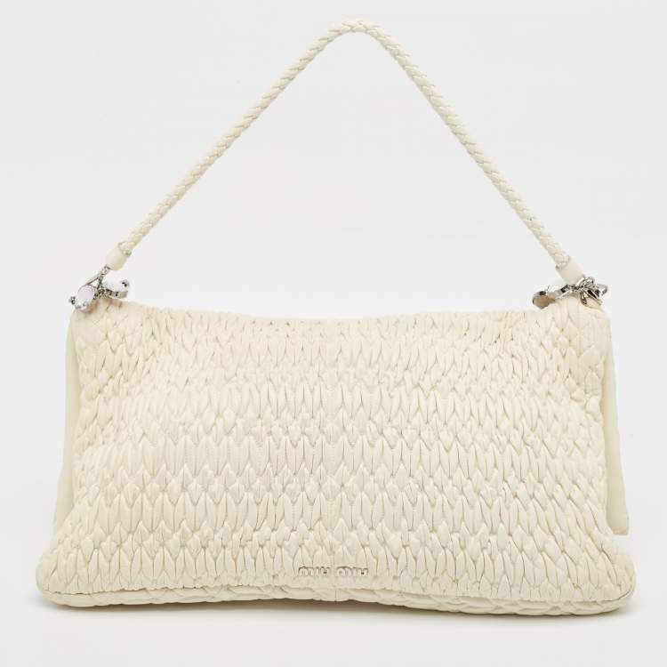 Pre Owned Miu Miu White Matelassé Leather Crystal Cloqué Flap Shoulder Bag