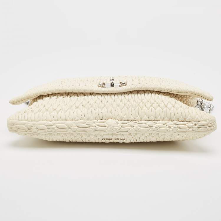 Pre Owned Miu Miu White Matelassé Leather Crystal Cloqué Flap Shoulder Bag