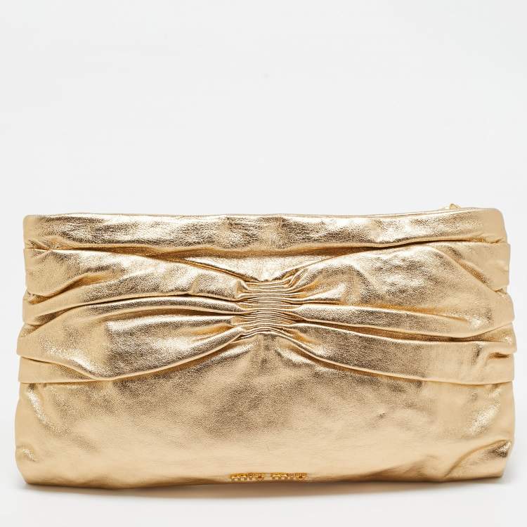 Pre Owned Miu Miu Gold Leather Pleated Zip Clutch