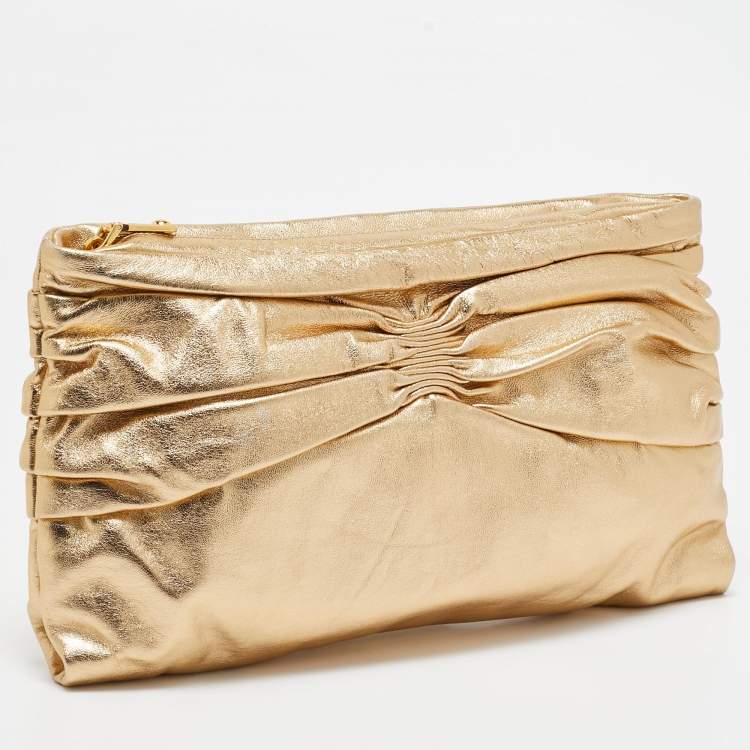 Pre Owned Miu Miu Gold Leather Pleated Zip Clutch