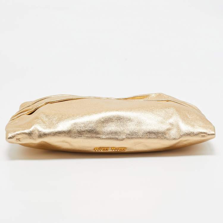 Pre Owned Miu Miu Gold Leather Pleated Zip Clutch