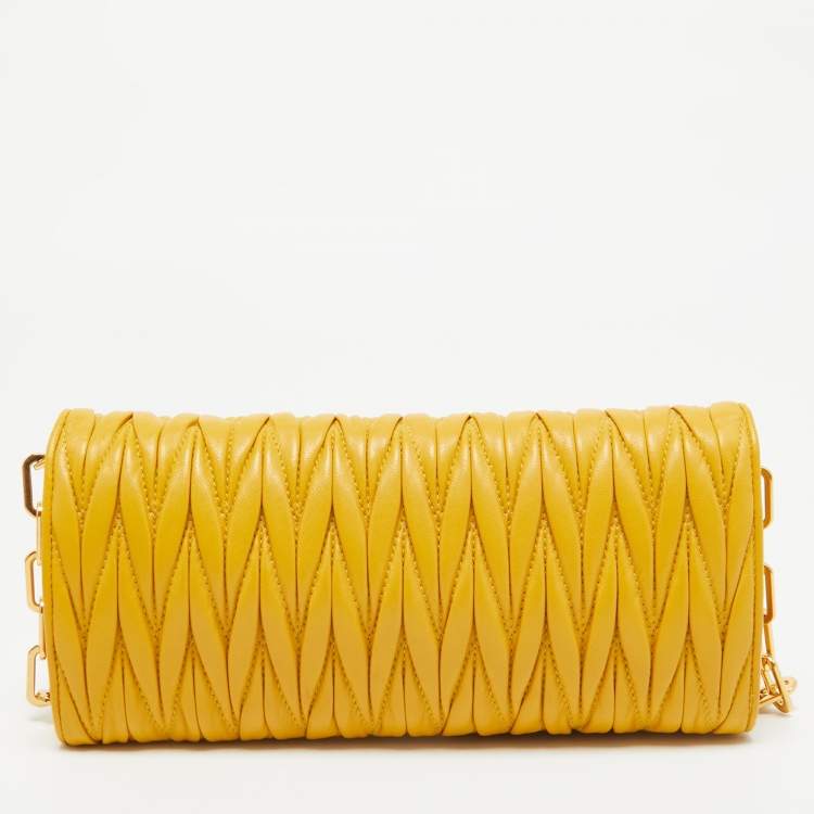 Pre Owned Miu Miu Mustard Matelassé Leather Flap Wallet On Chain