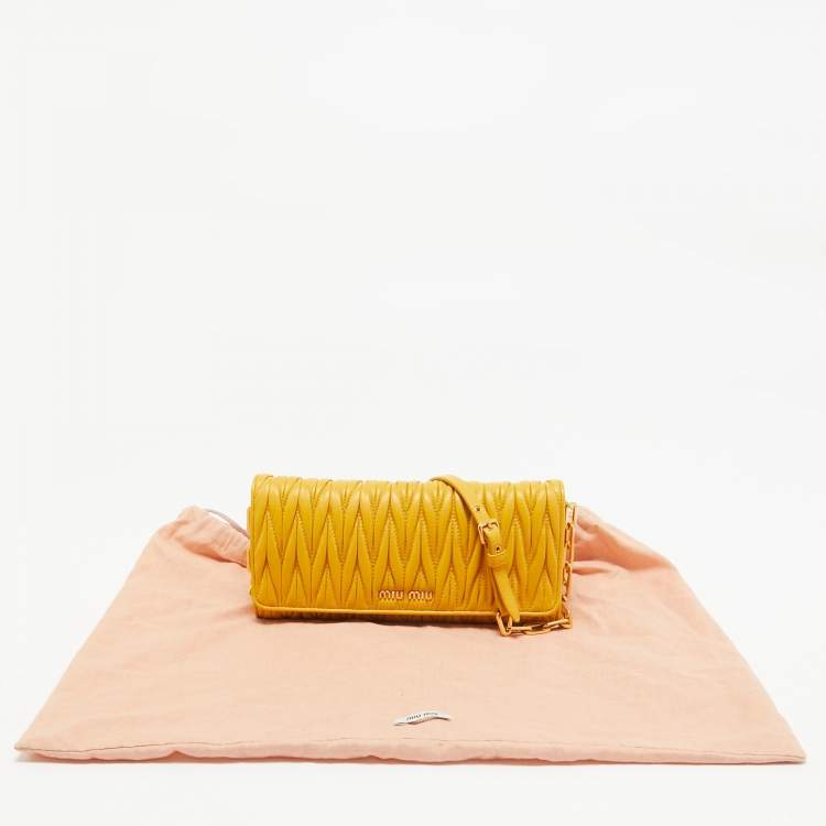 Pre Owned Miu Miu Mustard Matelassé Leather Flap Wallet On Chain