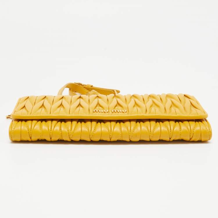 Pre Owned Miu Miu Mustard Matelassé Leather Flap Wallet On Chain