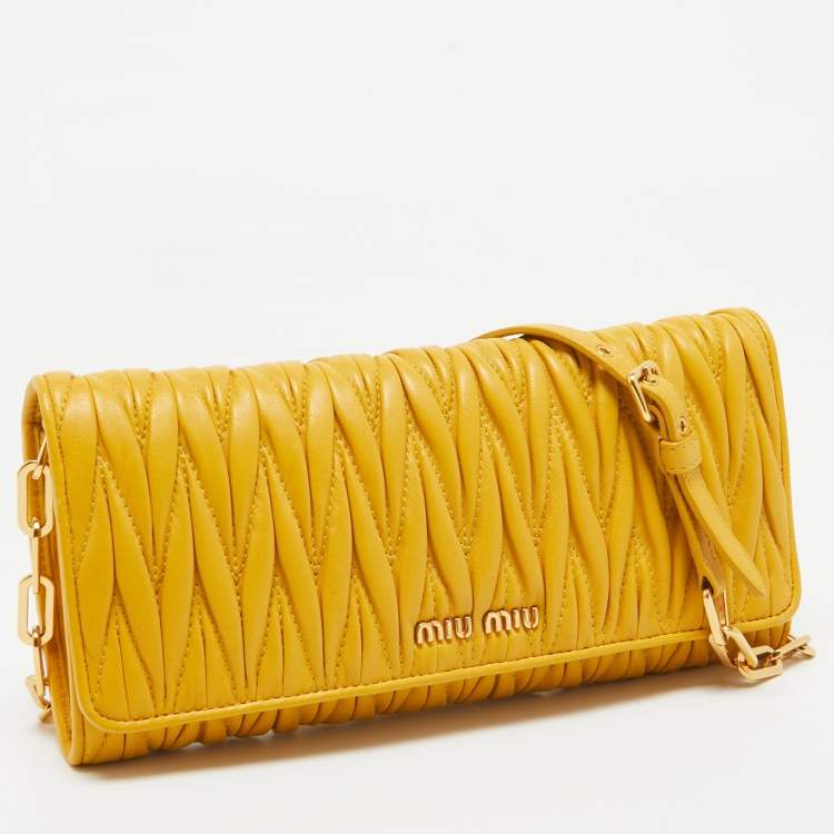 Pre Owned Miu Miu Mustard Matelassé Leather Flap Wallet On Chain