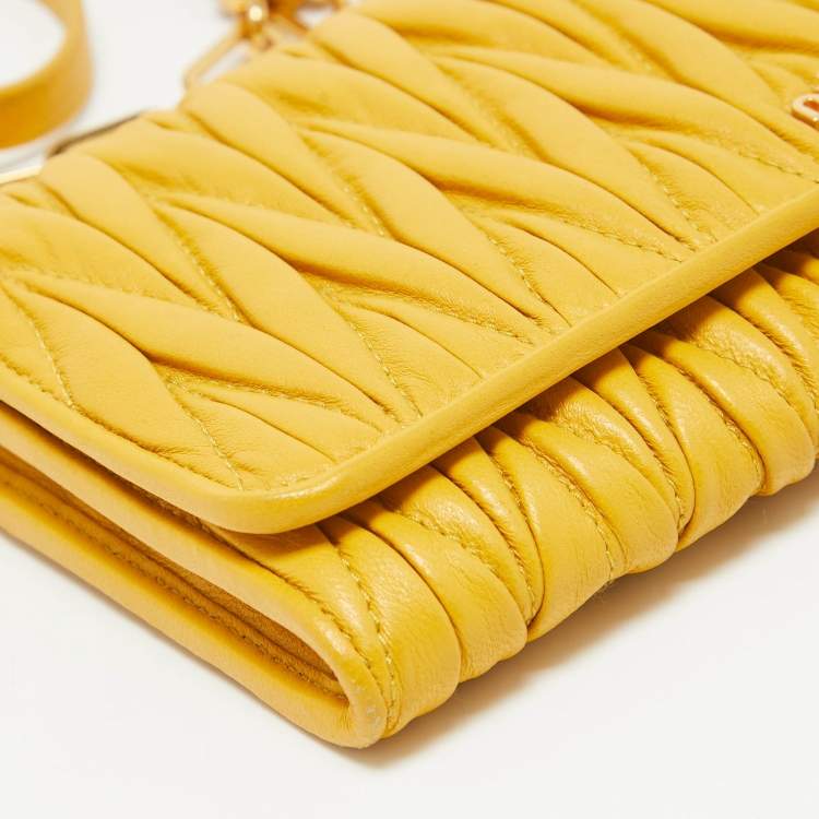 Pre Owned Miu Miu Mustard Matelassé Leather Flap Wallet On Chain
