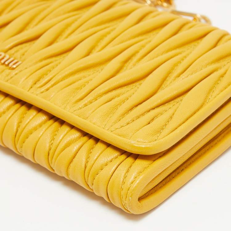 Pre Owned Miu Miu Mustard Matelassé Leather Flap Wallet On Chain