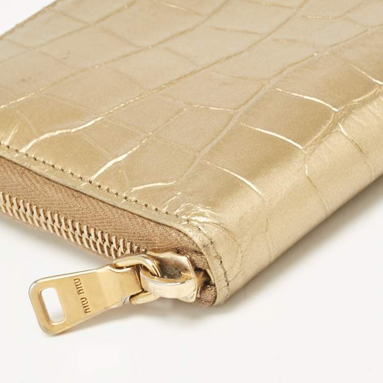 Pre Owned Miu Miu Gold Croc Embossed Leather Zip Continental Wallet