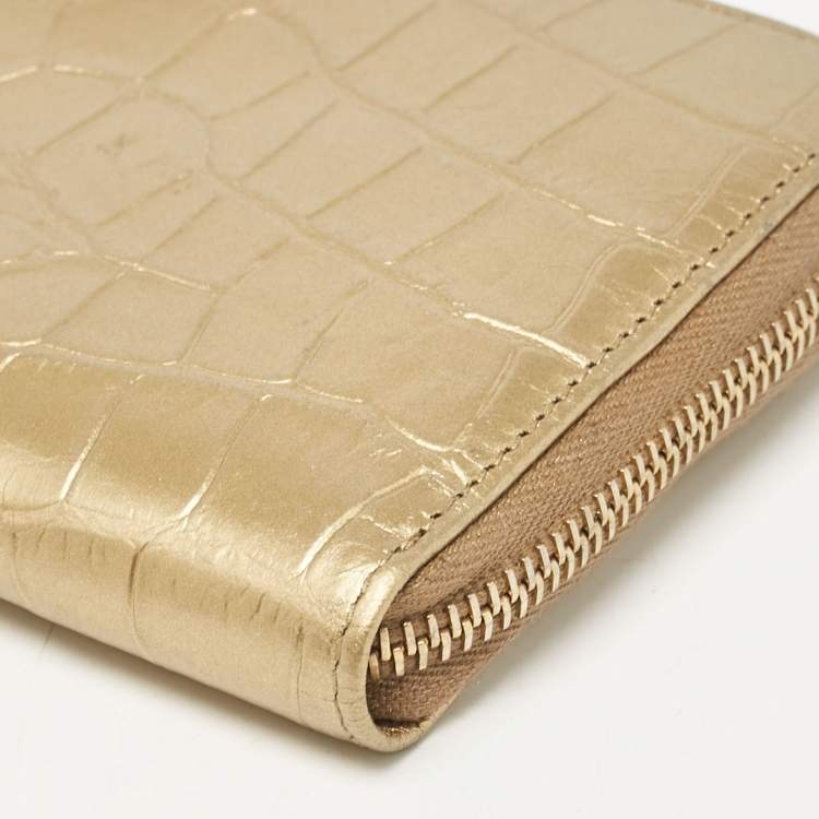 Pre Owned Miu Miu Gold Croc Embossed Leather Zip Continental Wallet