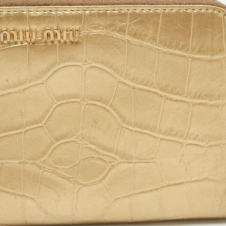 Pre Owned Miu Miu Gold Croc Embossed Leather Zip Continental Wallet
