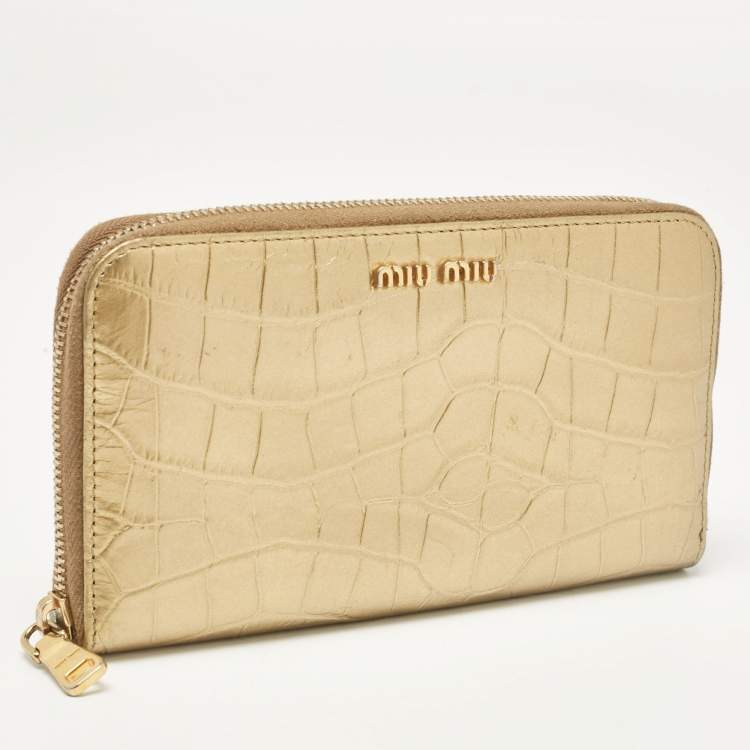 Pre Owned Miu Miu Gold Croc Embossed Leather Zip Continental Wallet
