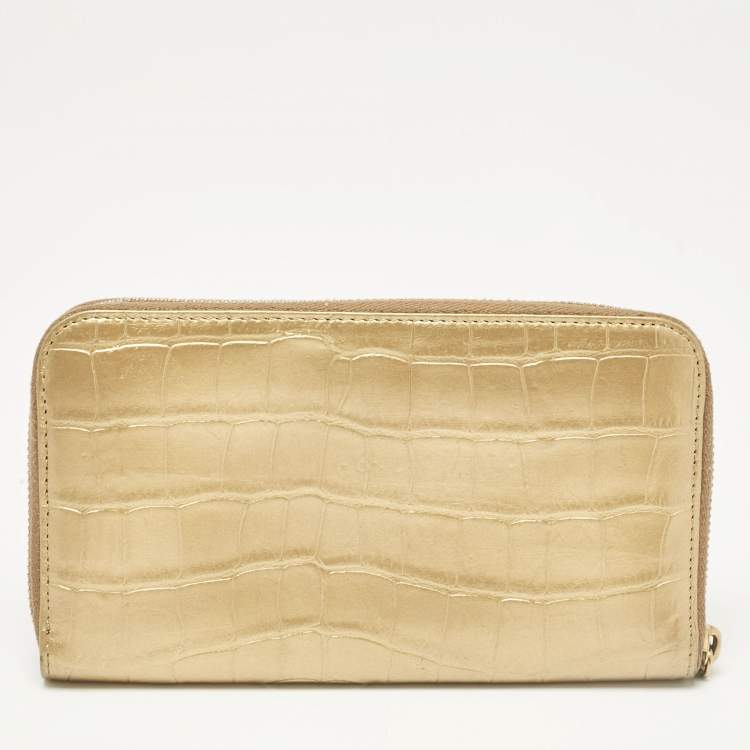 Pre Owned Miu Miu Gold Croc Embossed Leather Zip Continental Wallet