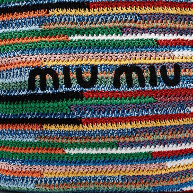 Pre Owned Miu Miu Multicolor Crochet and Leather Stripe Shopper Tote