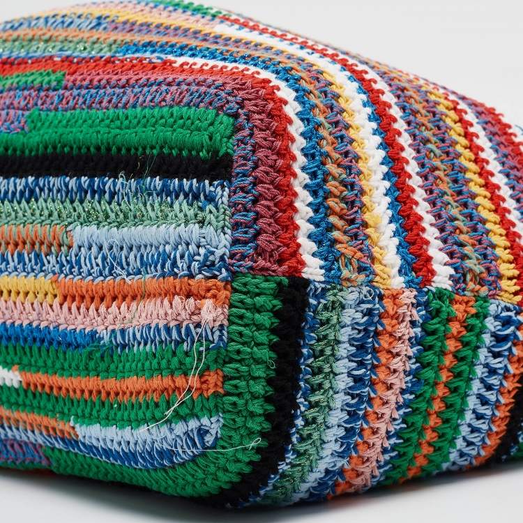 Pre Owned Miu Miu Multicolor Crochet and Leather Stripe Shopper Tote