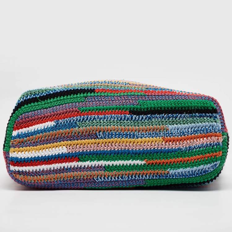 Pre Owned Miu Miu Multicolor Crochet and Leather Stripe Shopper Tote