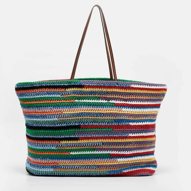 Pre Owned Miu Miu Multicolor Crochet and Leather Stripe Shopper Tote