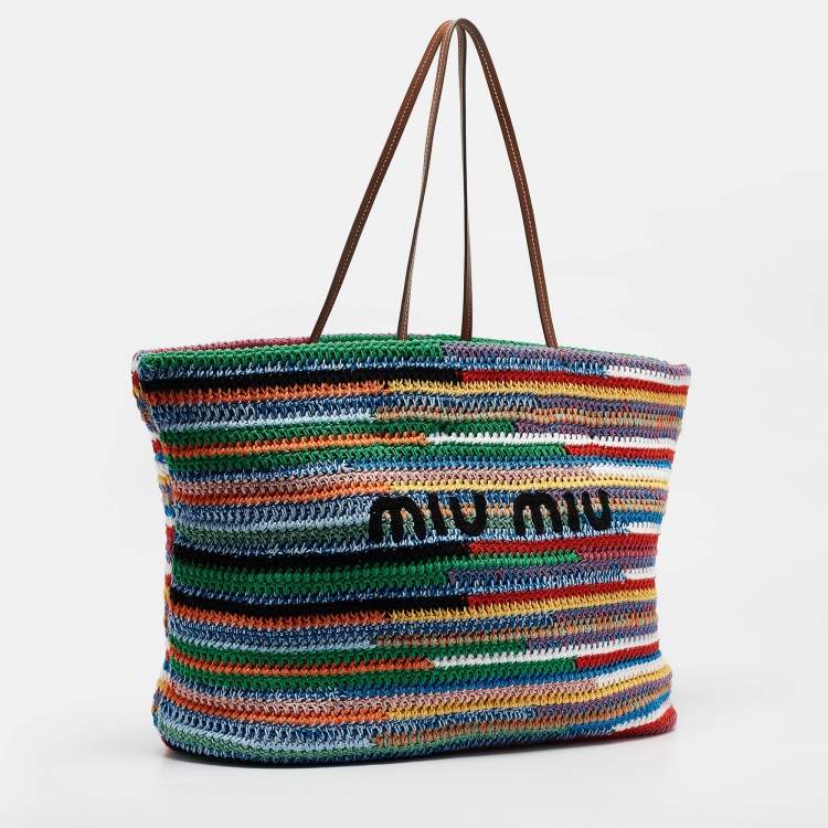 Pre Owned Miu Miu Multicolor Crochet and Leather Stripe Shopper Tote