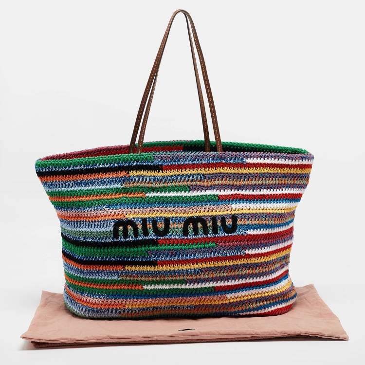 Pre Owned Miu Miu Multicolor Crochet and Leather Stripe Shopper Tote