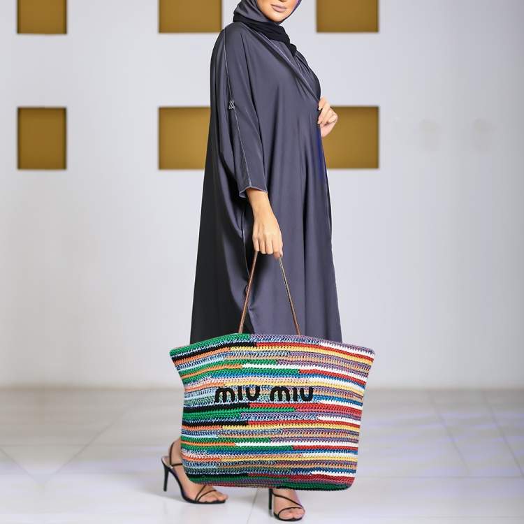 Pre Owned Miu Miu Multicolor Crochet and Leather Stripe Shopper Tote