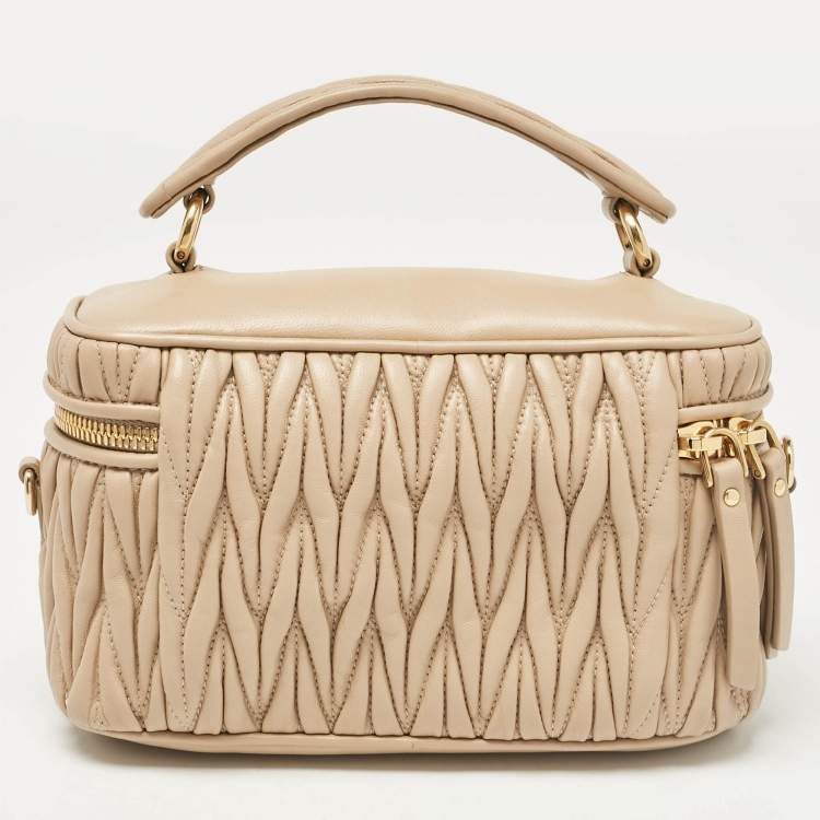 Pre Owned Miu Miu Beige Matelassé Leather Vanity Top Handle Bag