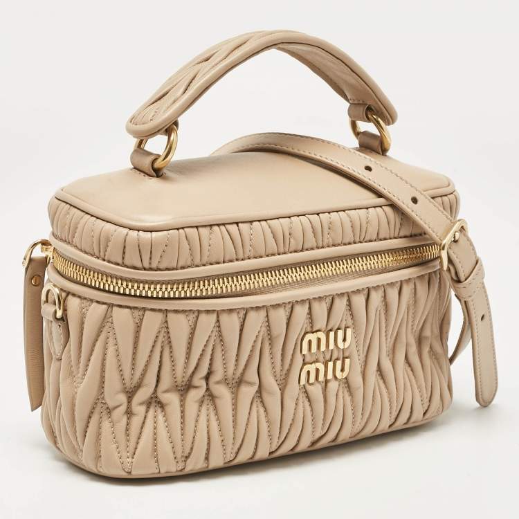 Pre Owned Miu Miu Beige Matelassé Leather Vanity Top Handle Bag