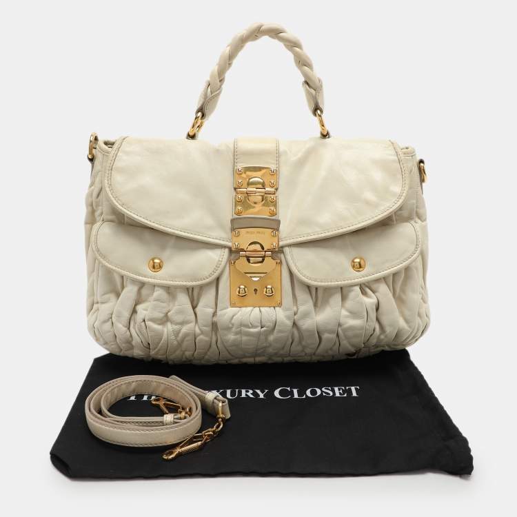 Pre Owned Miu Miu Beige Matelassé Leather Coffer Hobo