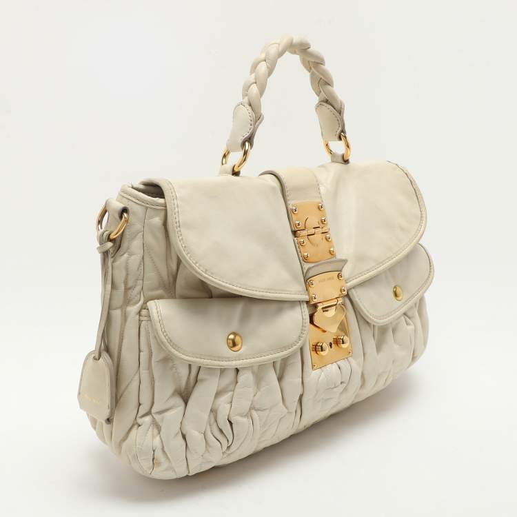 Pre Owned Miu Miu Beige Matelassé Leather Coffer Hobo