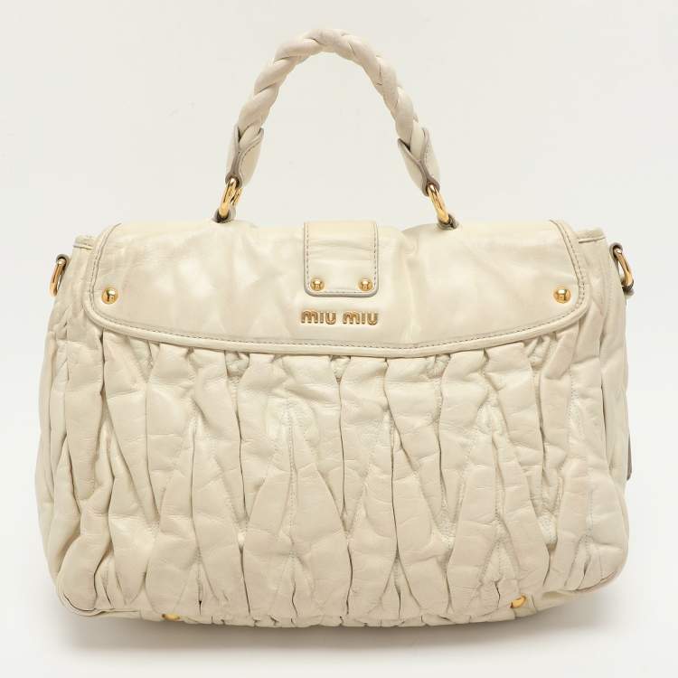 Pre Owned Miu Miu Beige Matelassé Leather Coffer Hobo