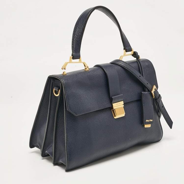 Pre Owned Miu Miu Navy Blue Leather Madras Top Handle Bag