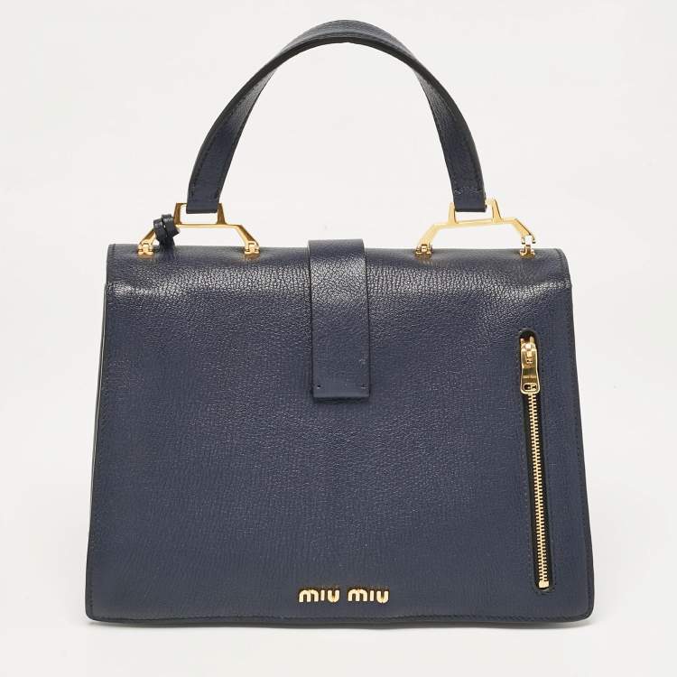 Pre Owned Miu Miu Navy Blue Leather Madras Top Handle Bag