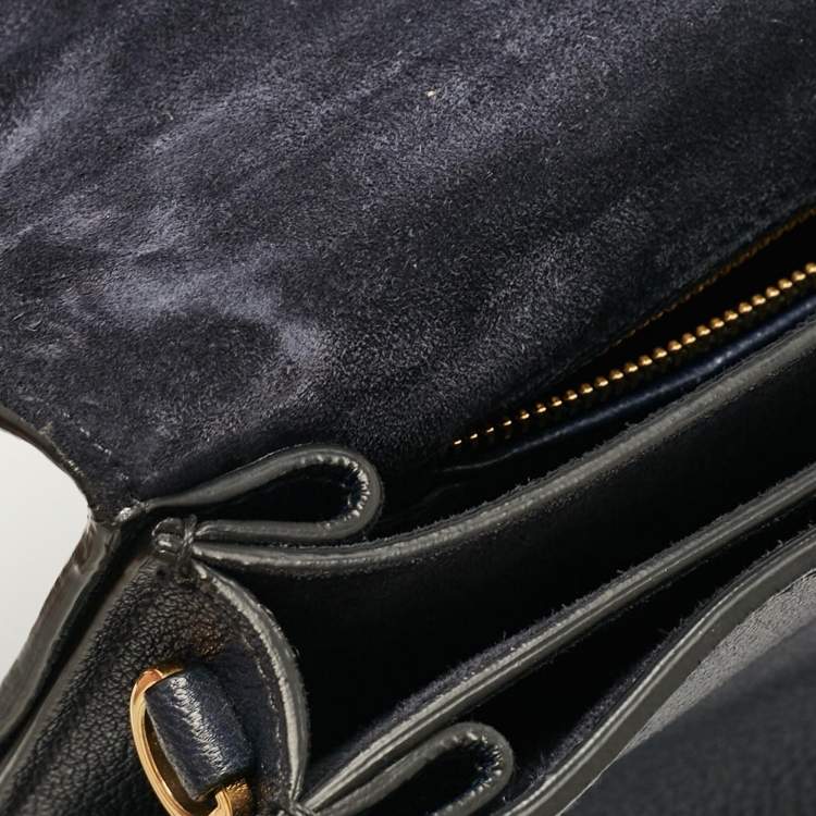 Pre Owned Miu Miu Navy Blue Leather Madras Top Handle Bag
