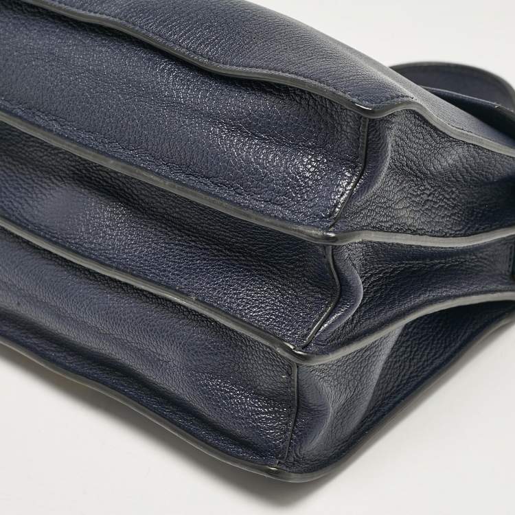 Pre Owned Miu Miu Navy Blue Leather Madras Top Handle Bag
